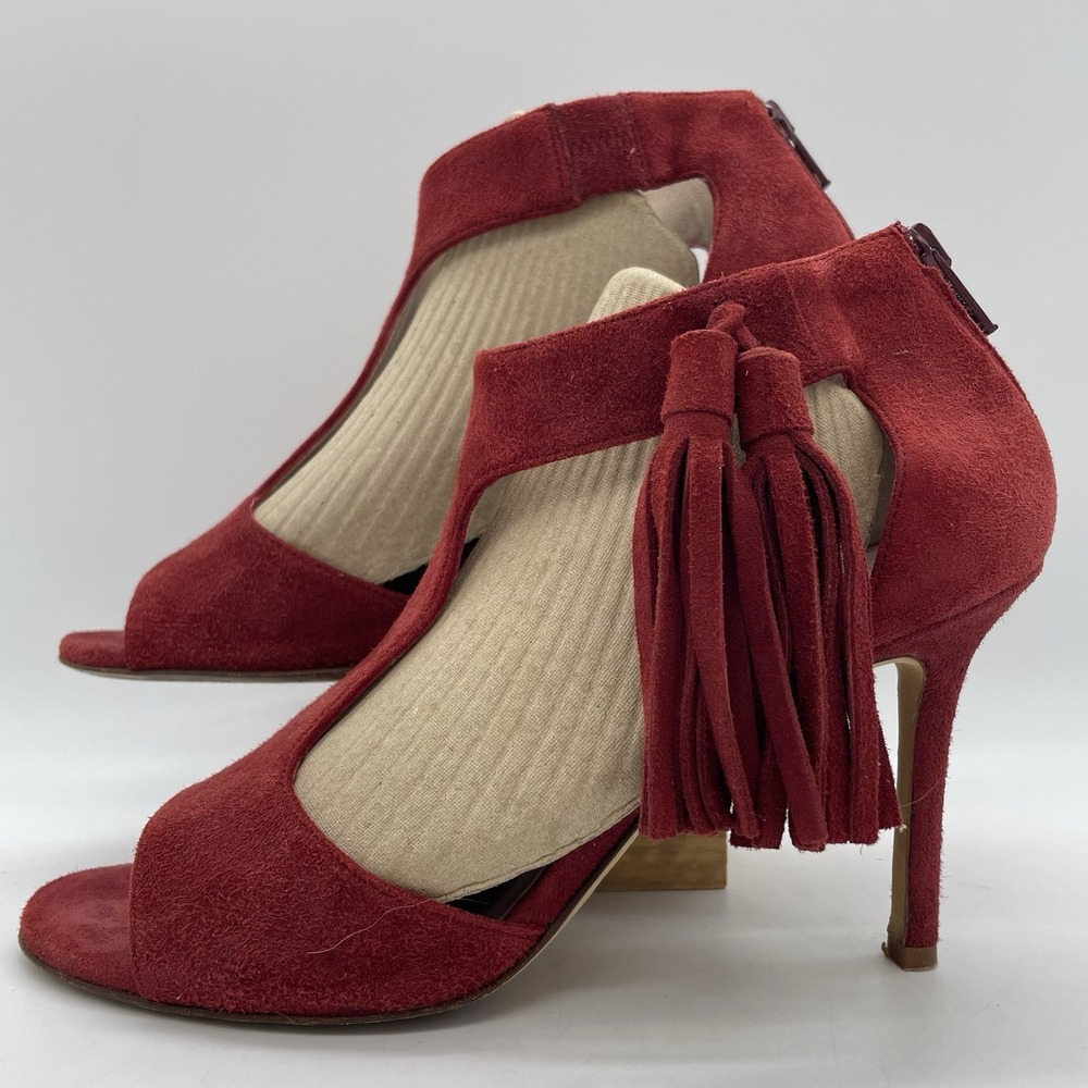 Kate Spade Womens 7.5 Inga Heels Red Suede T-Strap Open Toe Stiletto‎ Tassel Zip
